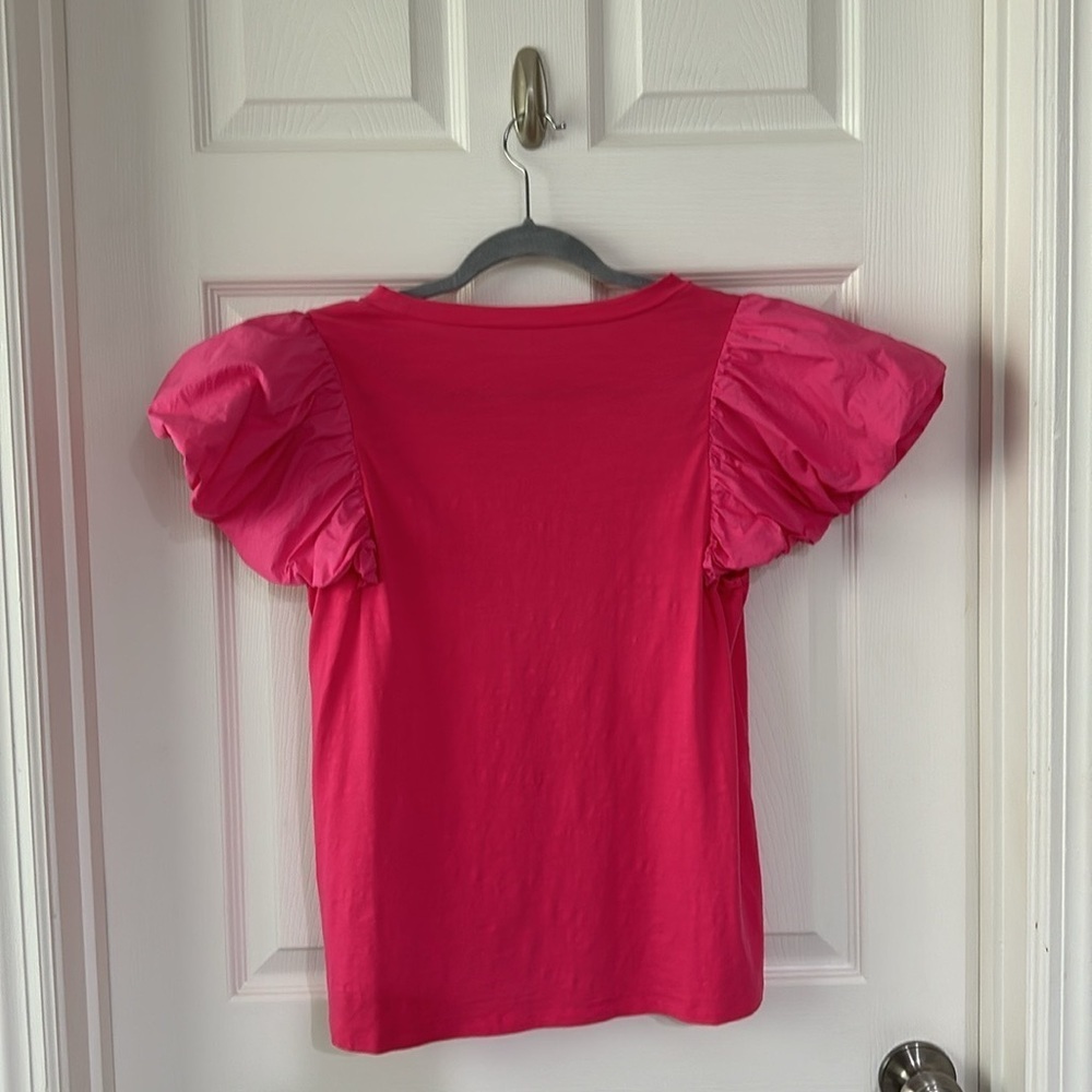 THML M hot pink puffy sleeve cotton top EUC